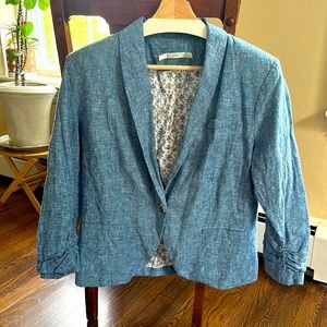Gibson Linen Chambray Blazer with Ruched 3/4 length sleeves